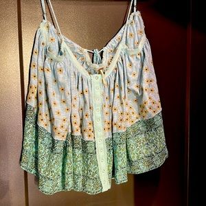 Free People Sky Blue Embroidered Tie Back Tank Top Women's Sz XS oversized